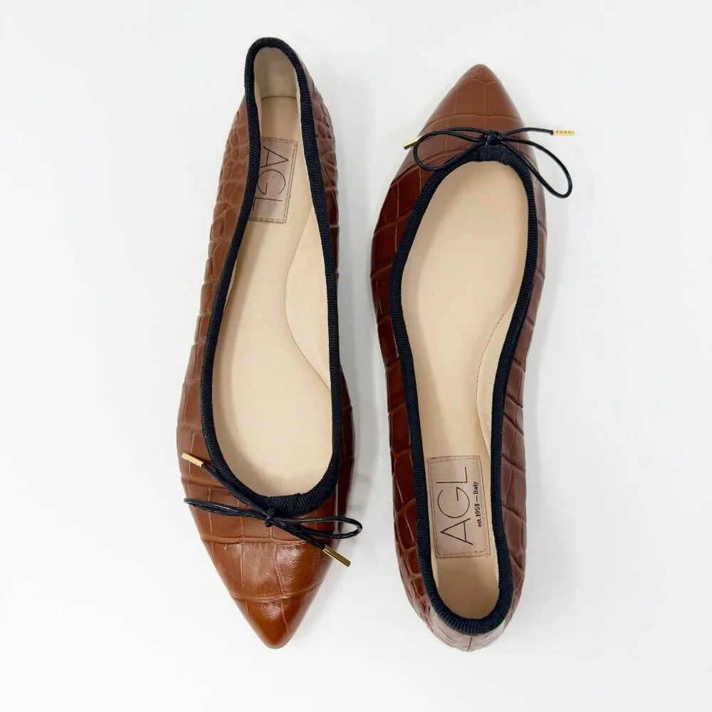 AGL Jomy Pointed Toe Ballet Flat Women's Size 39.5 (9.5 US) Cognac Made In Italy